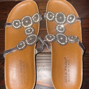 Mila Paoli Brown and Silver Beaded Sandals